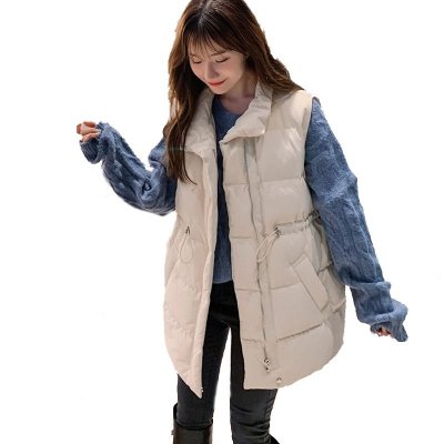 Winter Down Cotton Long Vest Female Jacket Loose Waistcoat Women Elegant Collected Waisted Casual Coats Women Pockets