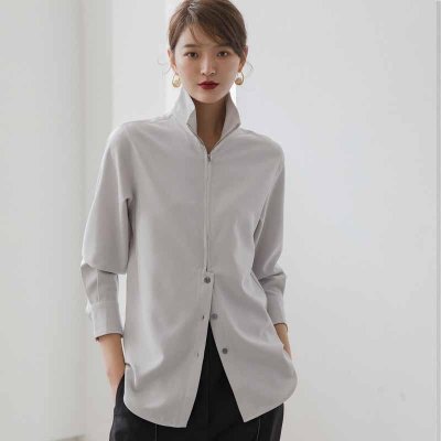 2020 Spring Autumn New Elegant Solid Color Blouses Stand Collar Loose Long Sleeve Casual Temperament Vintage Tops For Ladies