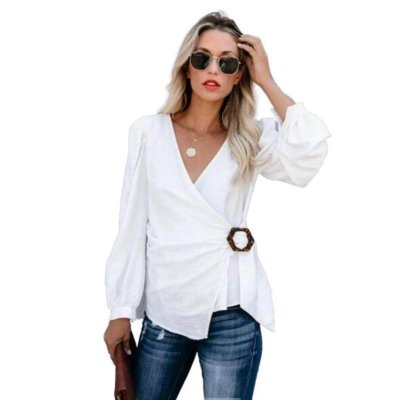 European American new sexy V neck solid color square button knotted shirt summer autumn fashion hot Long sleeve shirt women2020