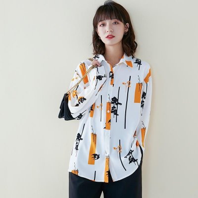 Spring 2020 new fashion temperament is thin and versatile long sleeved button design sense printed chiffon shirt women