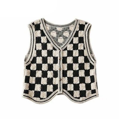 Sweater Vest Knitted Button Up Checkerboard Pattern Tank Woman Clothes Sleeveless Vintage Sweater Waistcoat Chic Tops